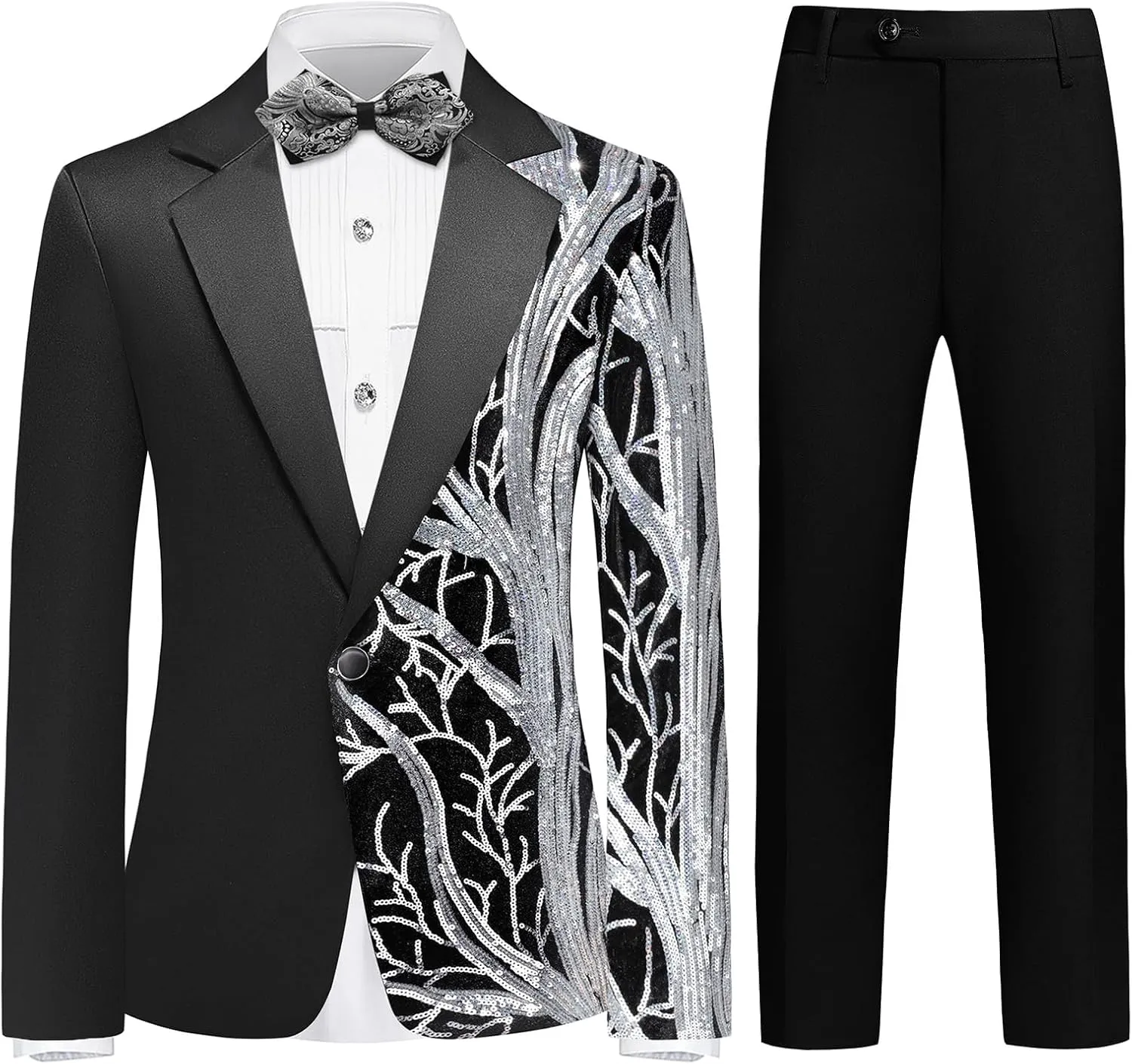 Lamgool Tuxedo Suits for Boys Kids Formal Outfit 4-Piece Set with Sequin Blazer Dress Shirt Black Pants Bow tie Prom Wedding