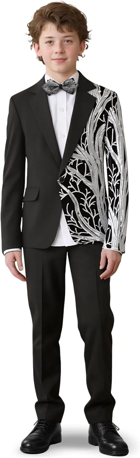 Lamgool Tuxedo Suits for Boys Kids Formal Outfit 4-Piece Set with Sequin Blazer Dress Shirt Black Pants Bow tie Prom Wedding