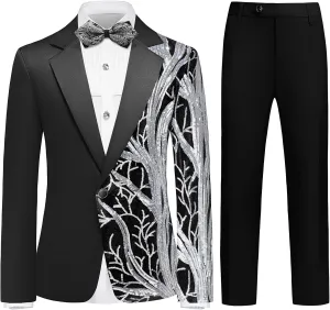 Lamgool Tuxedo Suits for Boys Kids Formal Outfit 4-Piece Set with Sequin Blazer Dress Shirt Black Pants Bow tie Prom Wedding