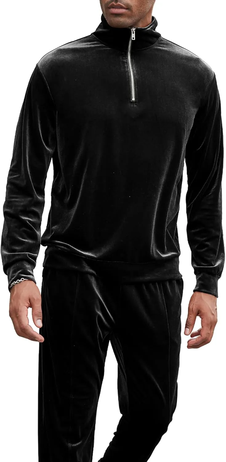 LecGee Men's 2 Piece Long Sleeve Tracksuit Velvet Quarter Zip Shirt Elastic Pant Velour Fall Casual Outfit Sweatsuit Set