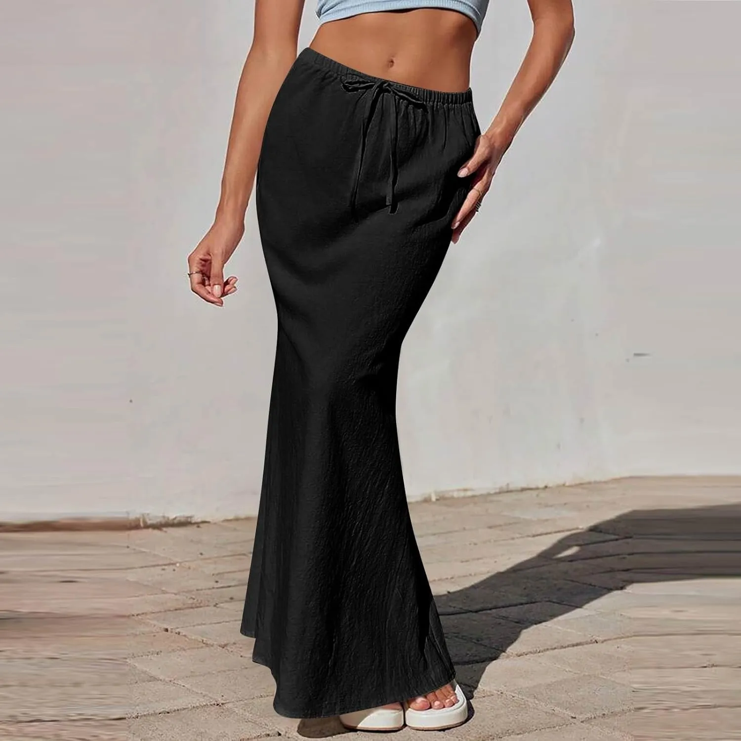 Linen Flared Maxi Skirt with Back Slit - Elastic Waist Drawstring Long Flowy Ankle-Length Skirt with Side Pockets