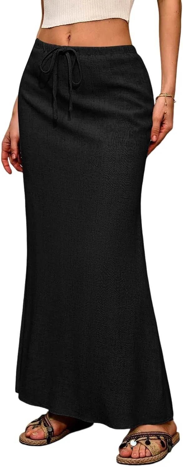 Linen Flared Maxi Skirt with Back Slit - Elastic Waist Drawstring Long Flowy Ankle-Length Skirt with Side Pockets