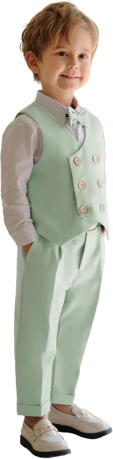 LOLANTA Boys' 4-Piece Formal Suit, Wedding Ring Bearer Outfit Vest Pants with Dress Shirt Bow Tie for Graduation 2-13 Years