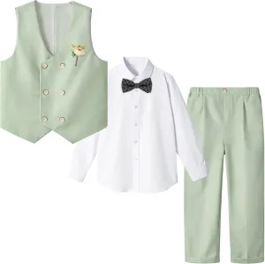 LOLANTA Boys' 4-Piece Formal Suit, Wedding Ring Bearer Outfit Vest Pants with Dress Shirt Bow Tie for Graduation 2-13 Years