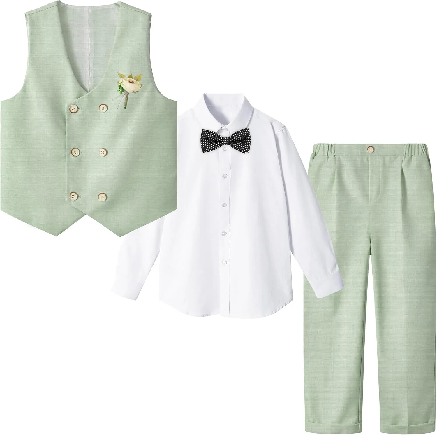 LOLANTA Boys' 4-Piece Formal Suit, Wedding Ring Bearer Outfit Vest Pants with Dress Shirt Bow Tie for Graduation 2-13 Years