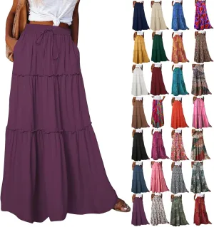 Long Skirts for Women Summer Tiered Flowy Floral Maxi Skirt High Waist Ruffle Beach Vacation Pleated Skirts w/Pockets