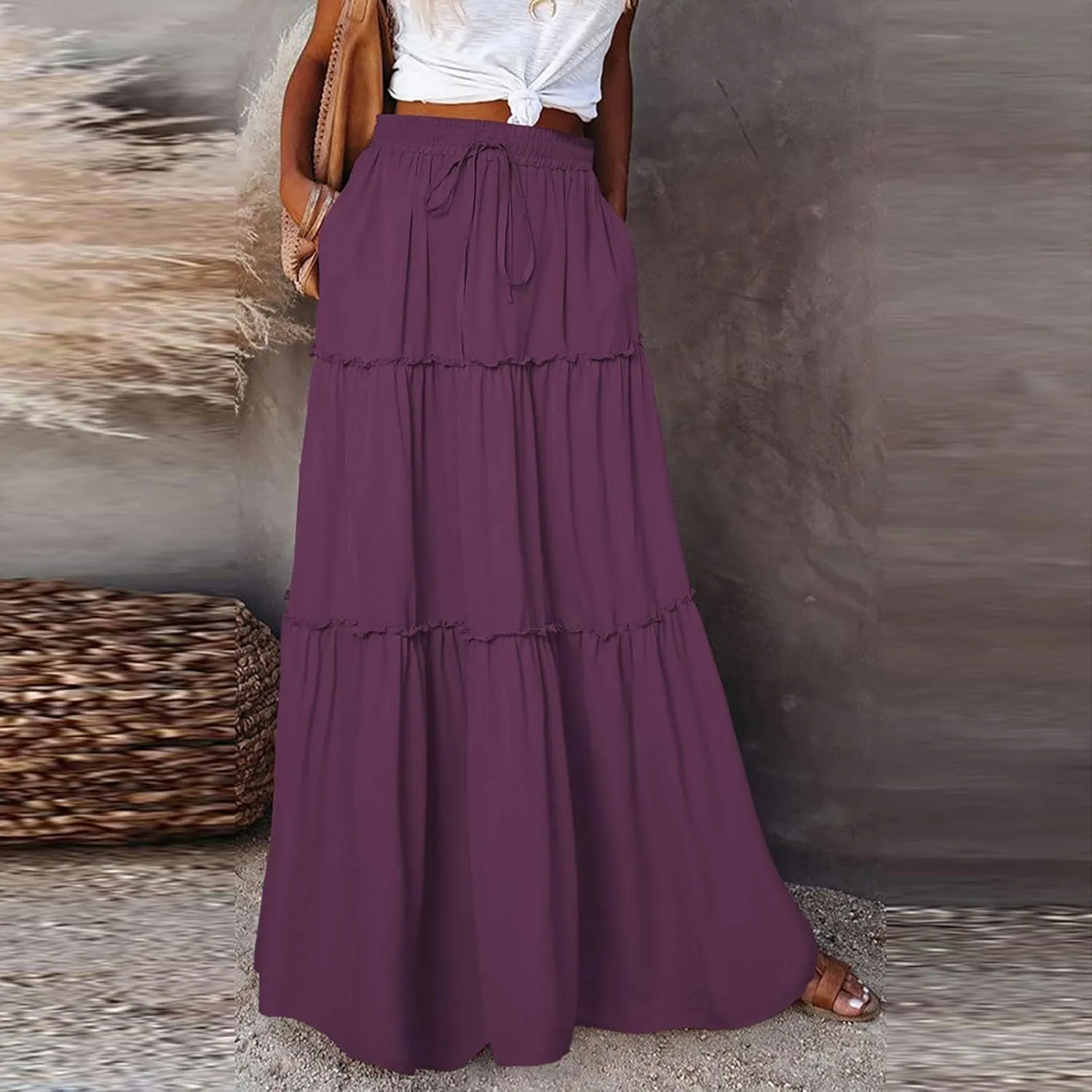 Long Skirts for Women Summer Tiered Flowy Floral Maxi Skirt High Waist Ruffle Beach Vacation Pleated Skirts w/Pockets