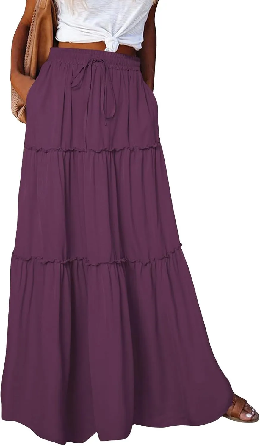 Long Skirts for Women Summer Tiered Flowy Floral Maxi Skirt High Waist Ruffle Beach Vacation Pleated Skirts w/Pockets