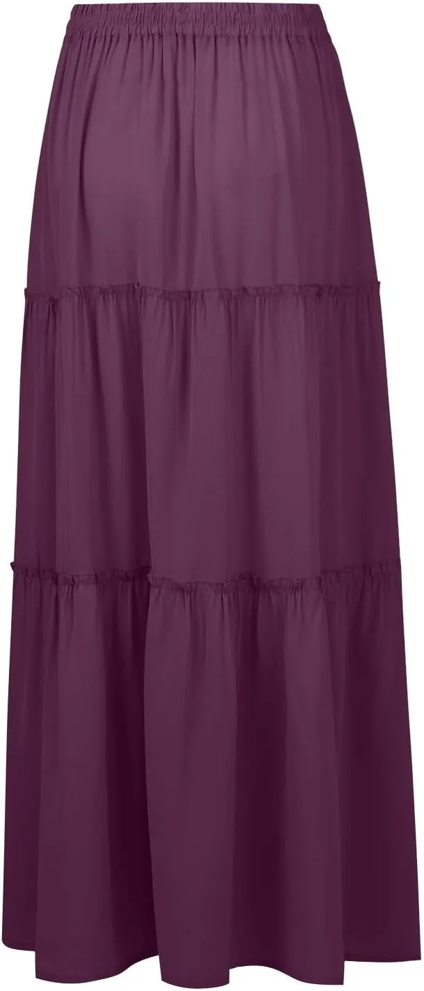 Long Skirts for Women Summer Tiered Flowy Floral Maxi Skirt High Waist Ruffle Beach Vacation Pleated Skirts w/Pockets
