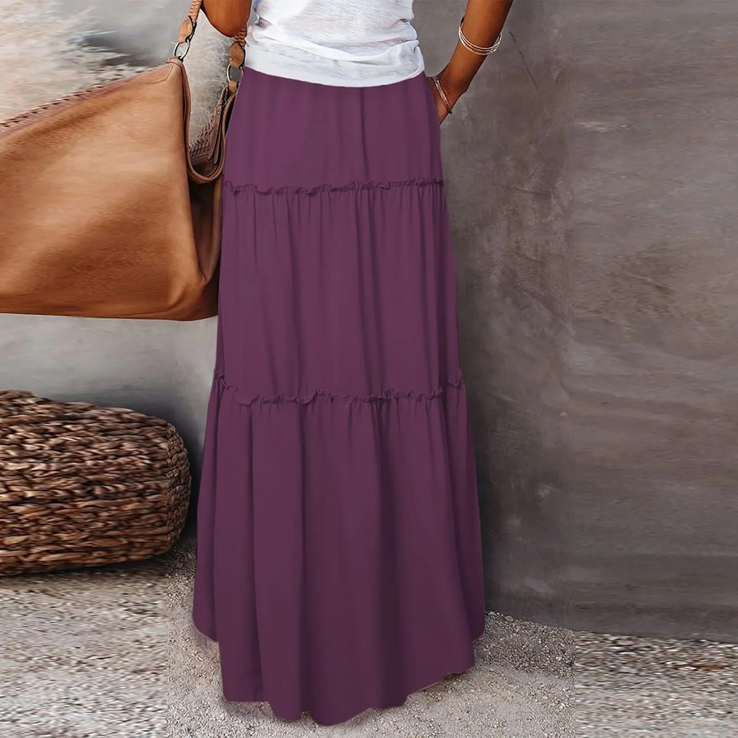 Long Skirts for Women Summer Tiered Flowy Floral Maxi Skirt High Waist Ruffle Beach Vacation Pleated Skirts w/Pockets