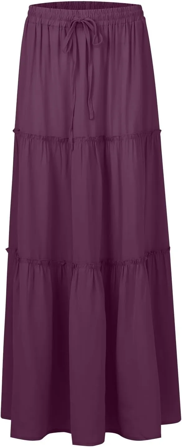 Long Skirts for Women Summer Tiered Flowy Floral Maxi Skirt High Waist Ruffle Beach Vacation Pleated Skirts w/Pockets