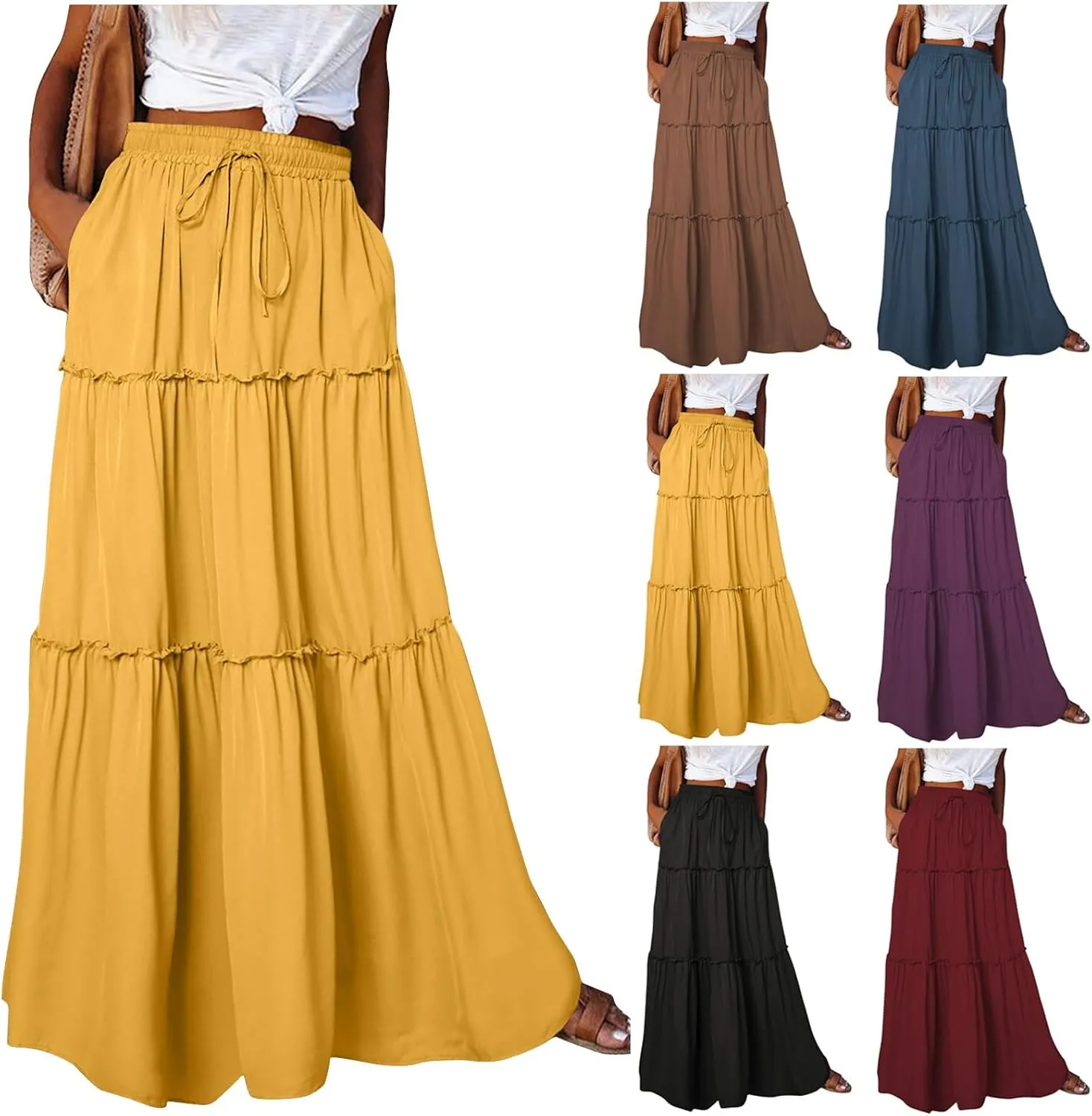 Long Skirts for Women Summer Tiered Flowy Floral Maxi Skirt High Waist Ruffle Beach Vacation Pleated Skirts w/Pockets