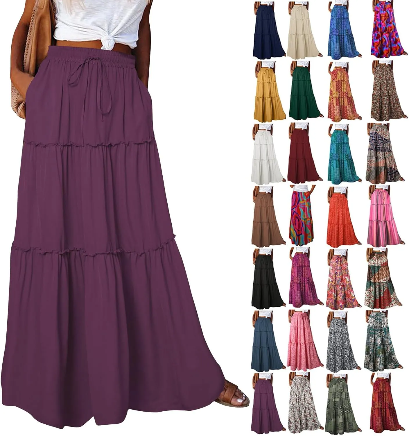 Long Skirts for Women Summer Tiered Flowy Floral Maxi Skirt High Waist Ruffle Beach Vacation Pleated Skirts w/Pockets