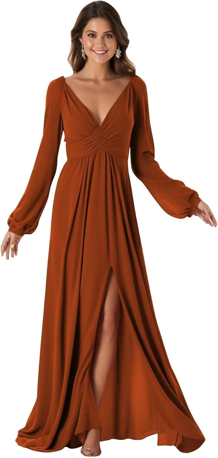 Long Sleeve Bridesmaid Dresses with Slit A Line Chiffon Corset Formal Dress for Women