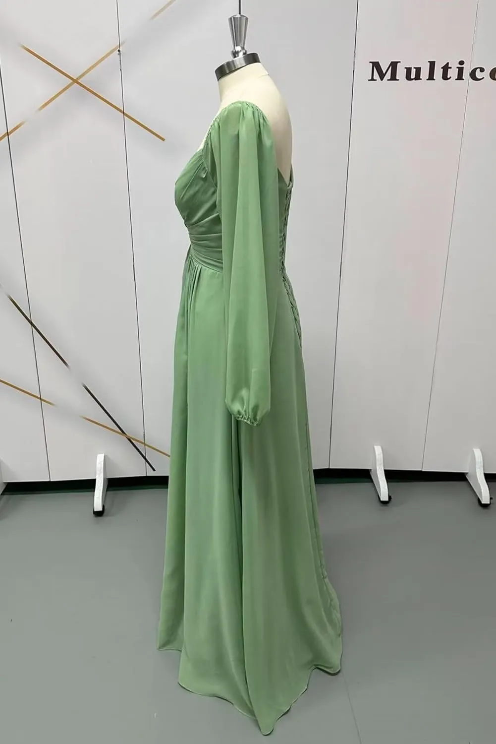 Long Sleeve Bridesmaid Dresses with Slit A Line Chiffon Corset Formal Dress for Women