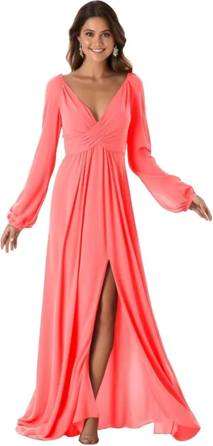 Long Sleeve Bridesmaid Dresses with Slit A Line Chiffon Corset Formal Dress for Women
