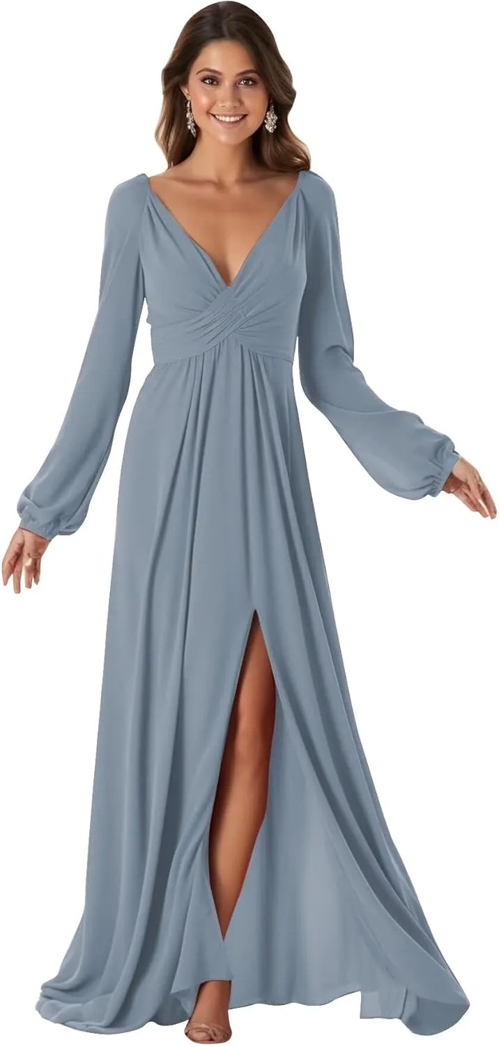 Long Sleeve Bridesmaid Dresses with Slit A Line Chiffon Corset Formal Dress for Women