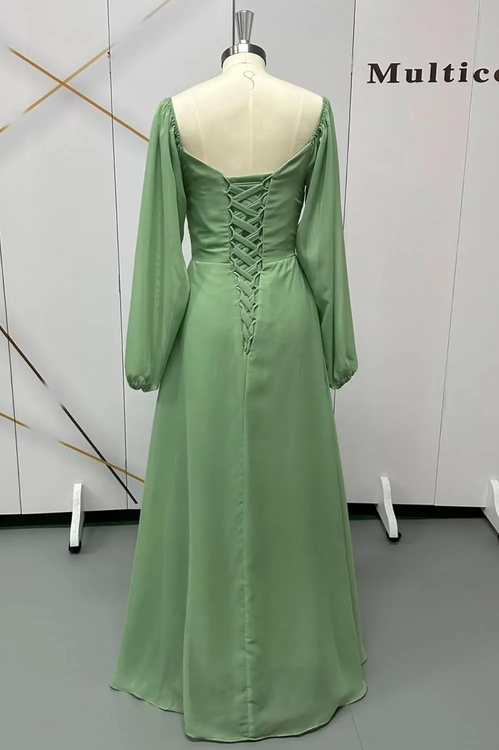 Long Sleeve Bridesmaid Dresses with Slit A Line Chiffon Corset Formal Dress for Women
