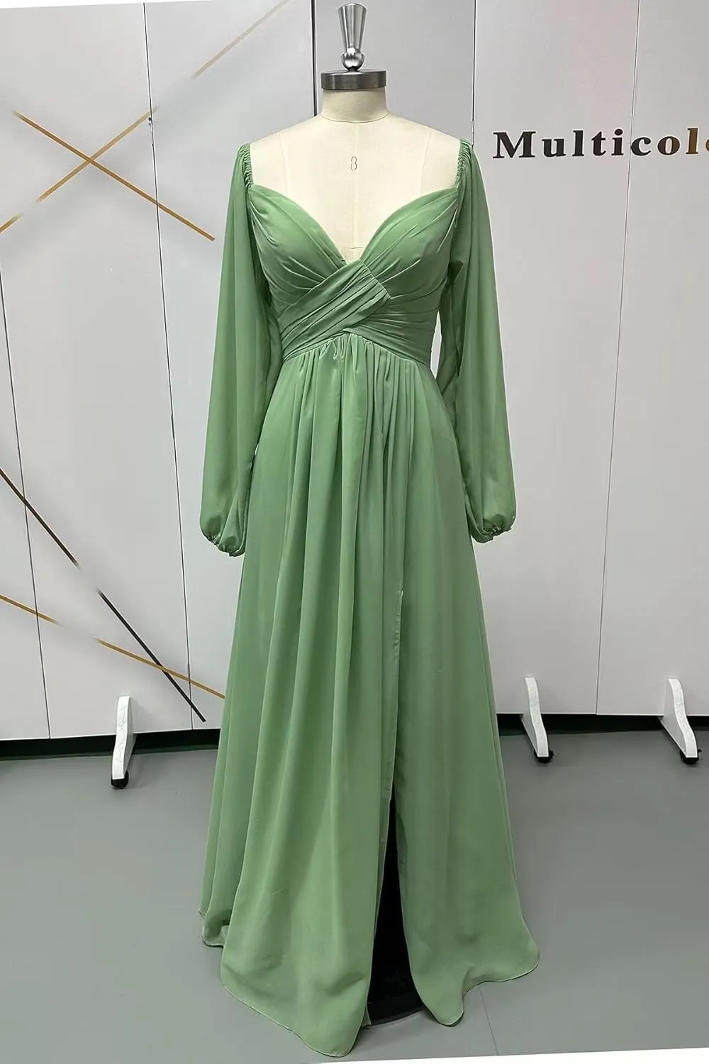 Long Sleeve Bridesmaid Dresses with Slit A Line Chiffon Corset Formal Dress for Women