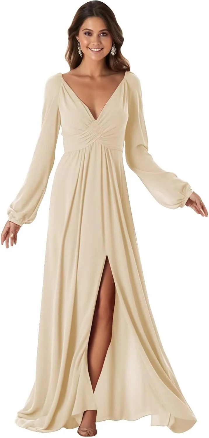 Long Sleeve Bridesmaid Dresses with Slit A Line Chiffon Corset Formal Dress for Women