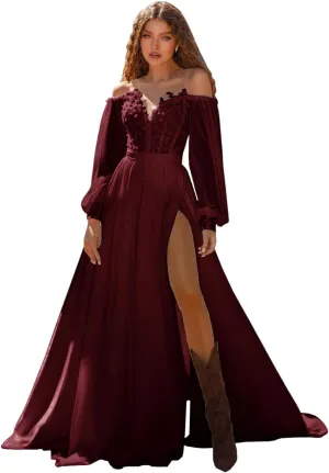 Long Sleeve Wedding Dress for Bride Off Shoulder Sweetheart Applique Chiffon Long Bridal Gown with Slit