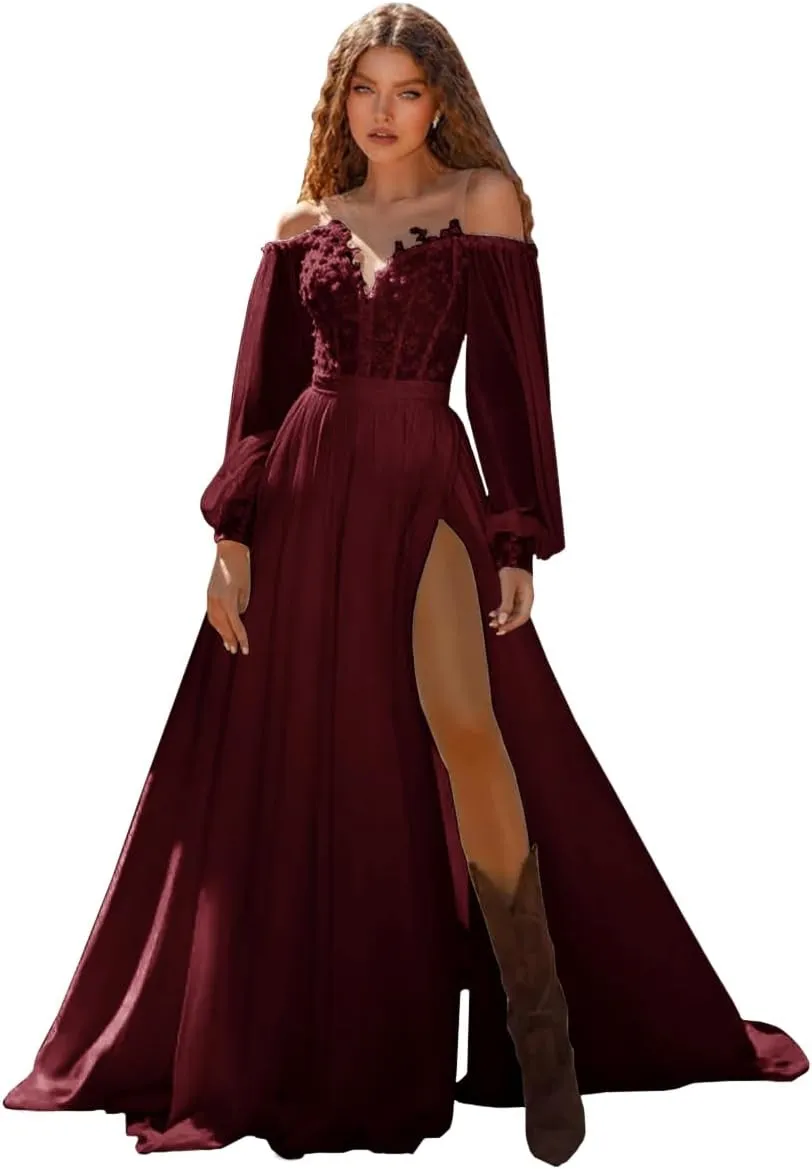 Long Sleeve Wedding Dress for Bride Off Shoulder Sweetheart Applique Chiffon Long Bridal Gown with Slit