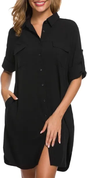 LUSMAY Women's Long Sleeve V Neck Button Down Shirt Dresses Casual Summer Dress with Pocket
