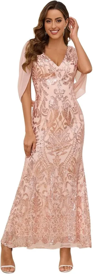 MAGGCIF Sequin Mother of The Bride Dresses for Wedding with Cape Sleeves Chiffon Mermaid Evening Formal Wedding Dress