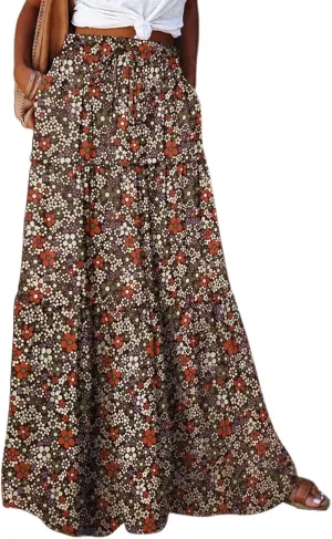 Maxi Skirts for Women Drawstring Elastic Waisted Tiered Pleated Long Floral Skirt Flowy Casual Womens Summer Skirts