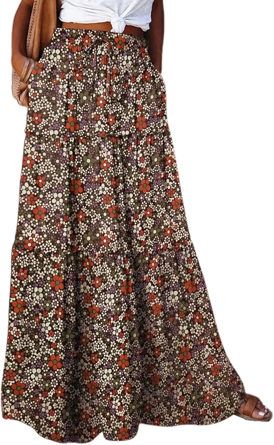 Maxi Skirts for Women Drawstring Elastic Waisted Tiered Pleated Long Floral Skirt Flowy Casual Womens Summer Skirts