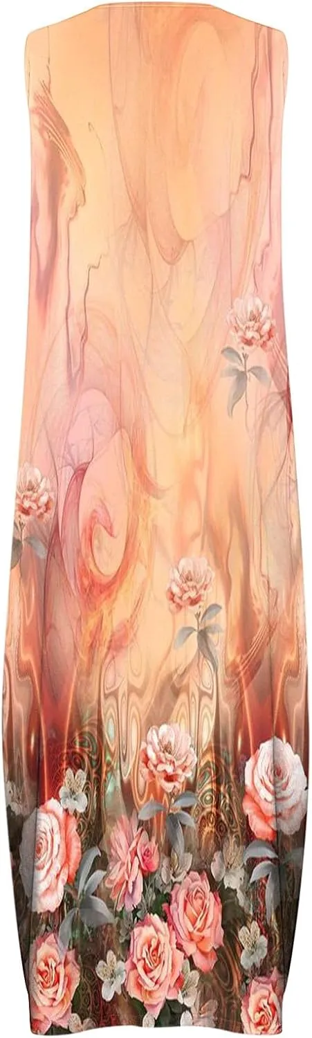 Maxi Sundress for Women Trendy 2025 Summer Dress Floral Print V Neck Dresses Sleeveless Boho Dress Beach Outfits