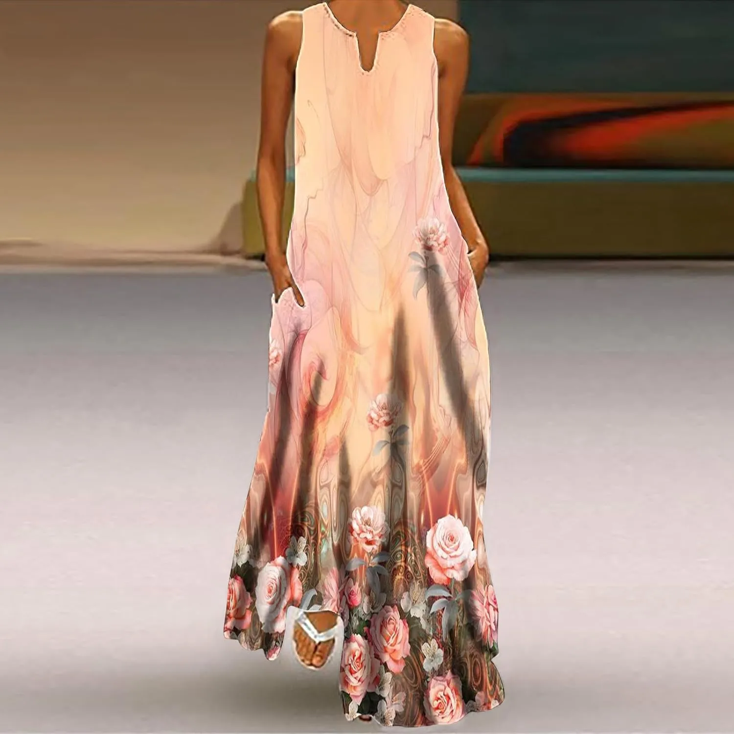 Maxi Sundress for Women Trendy 2025 Summer Dress Floral Print V Neck Dresses Sleeveless Boho Dress Beach Outfits