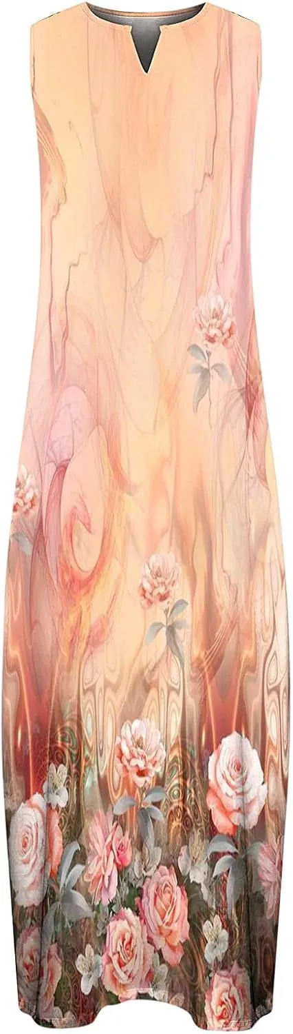Maxi Sundress for Women Trendy 2025 Summer Dress Floral Print V Neck Dresses Sleeveless Boho Dress Beach Outfits