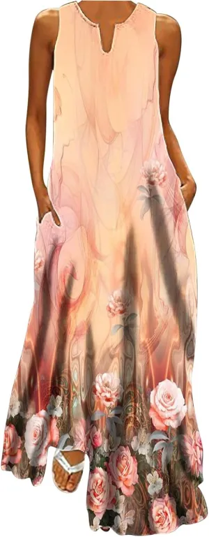 Maxi Sundress for Women Trendy 2025 Summer Dress Floral Print V Neck Dresses Sleeveless Boho Dress Beach Outfits