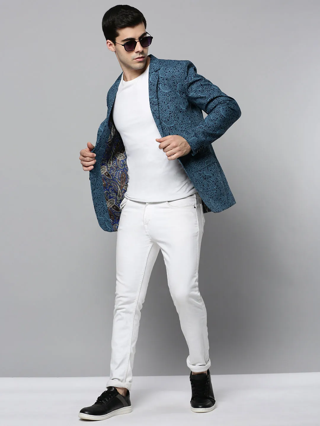 Men Black Paisley Printed Slim-Fit Single Breasted Blazer