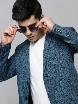 Men Black Paisley Printed Slim-Fit Single Breasted Blazer
