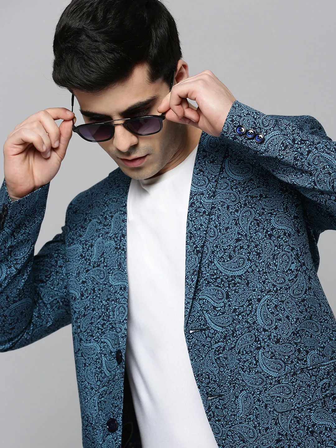 Men Black Paisley Printed Slim-Fit Single Breasted Blazer
