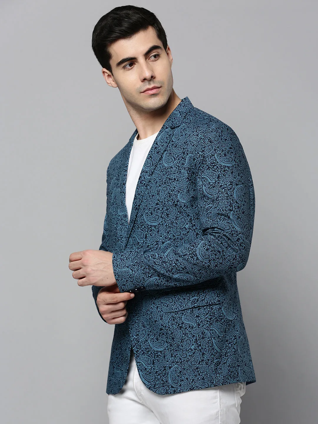 Men Black Paisley Printed Slim-Fit Single Breasted Blazer