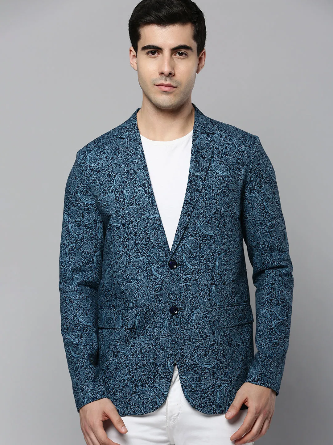 Men Black Paisley Printed Slim-Fit Single Breasted Blazer
