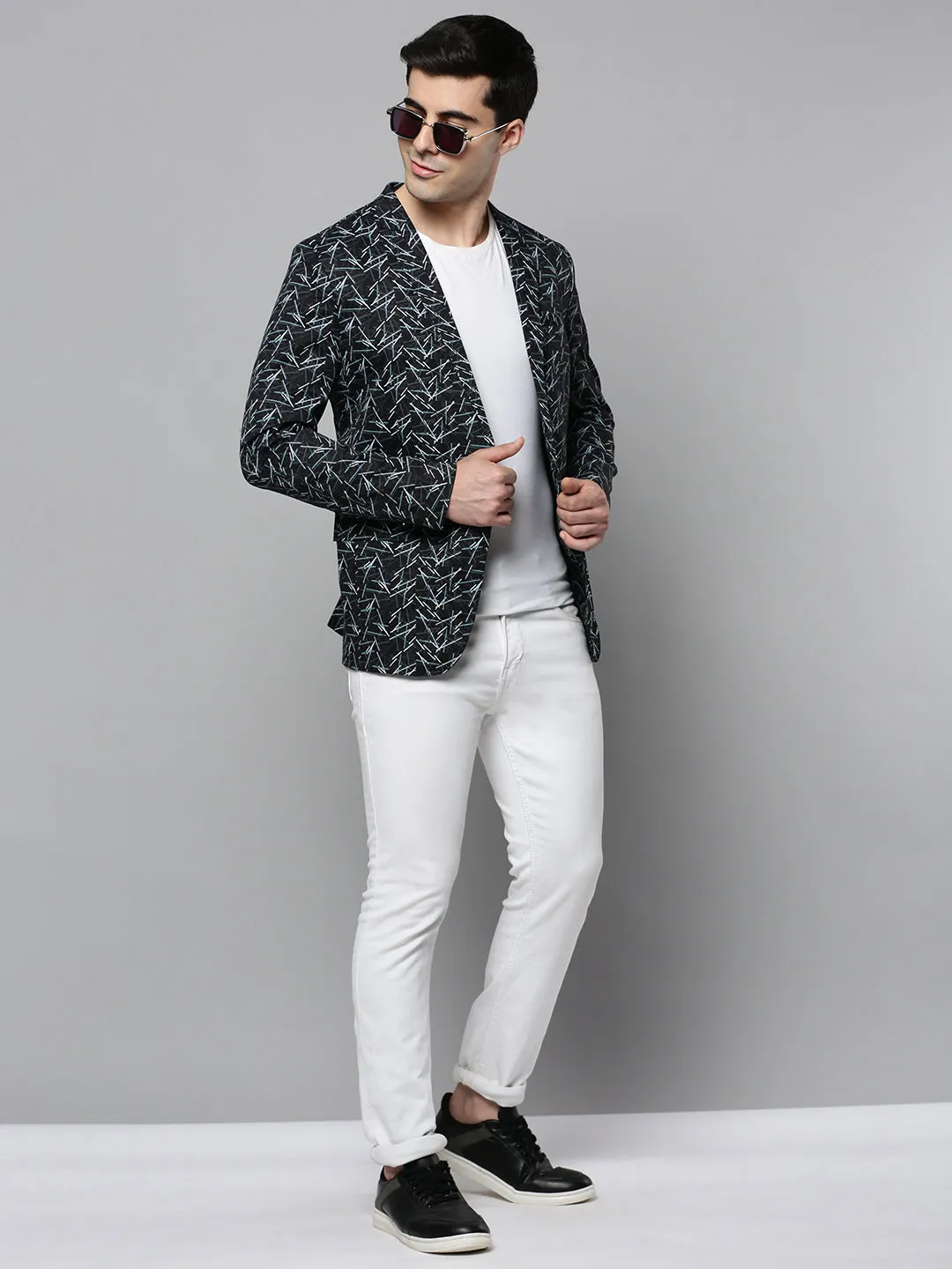 Men Black Printed Single-Breasted Slim-Fit Blazer