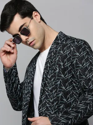 Men Black Printed Single-Breasted Slim-Fit Blazer