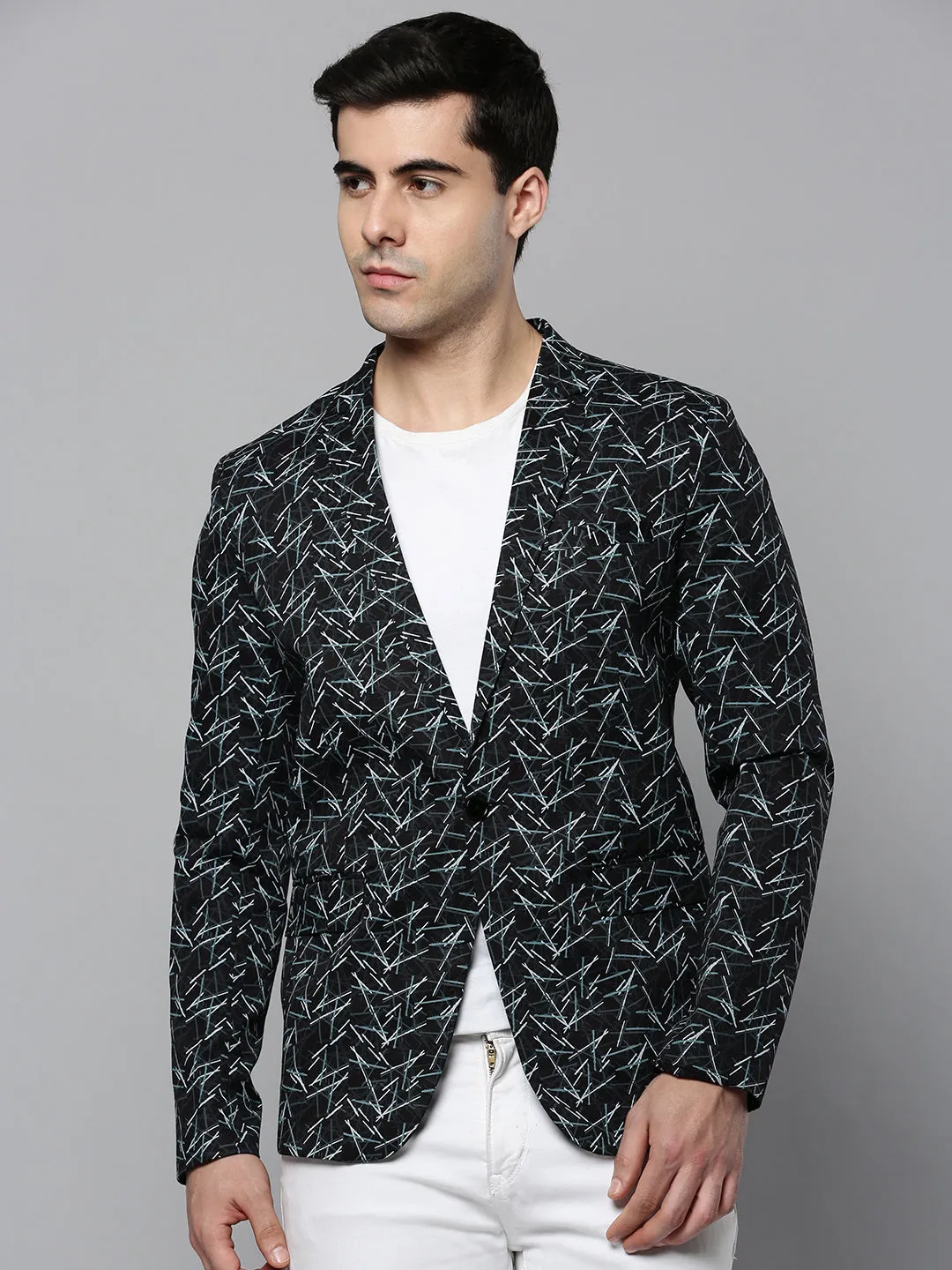 Men Black Printed Single-Breasted Slim-Fit Blazer