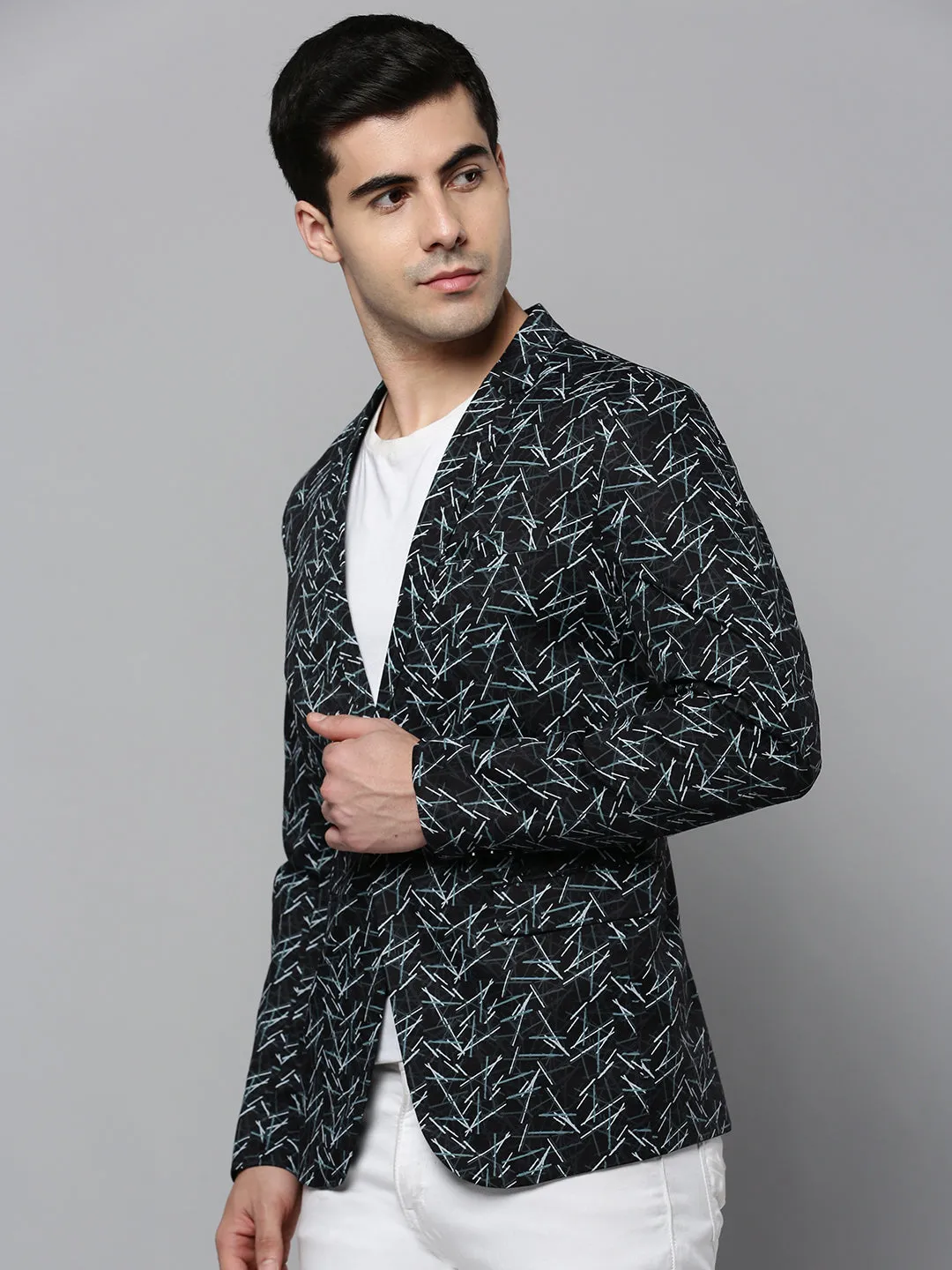 Men Black Printed Single-Breasted Slim-Fit Blazer