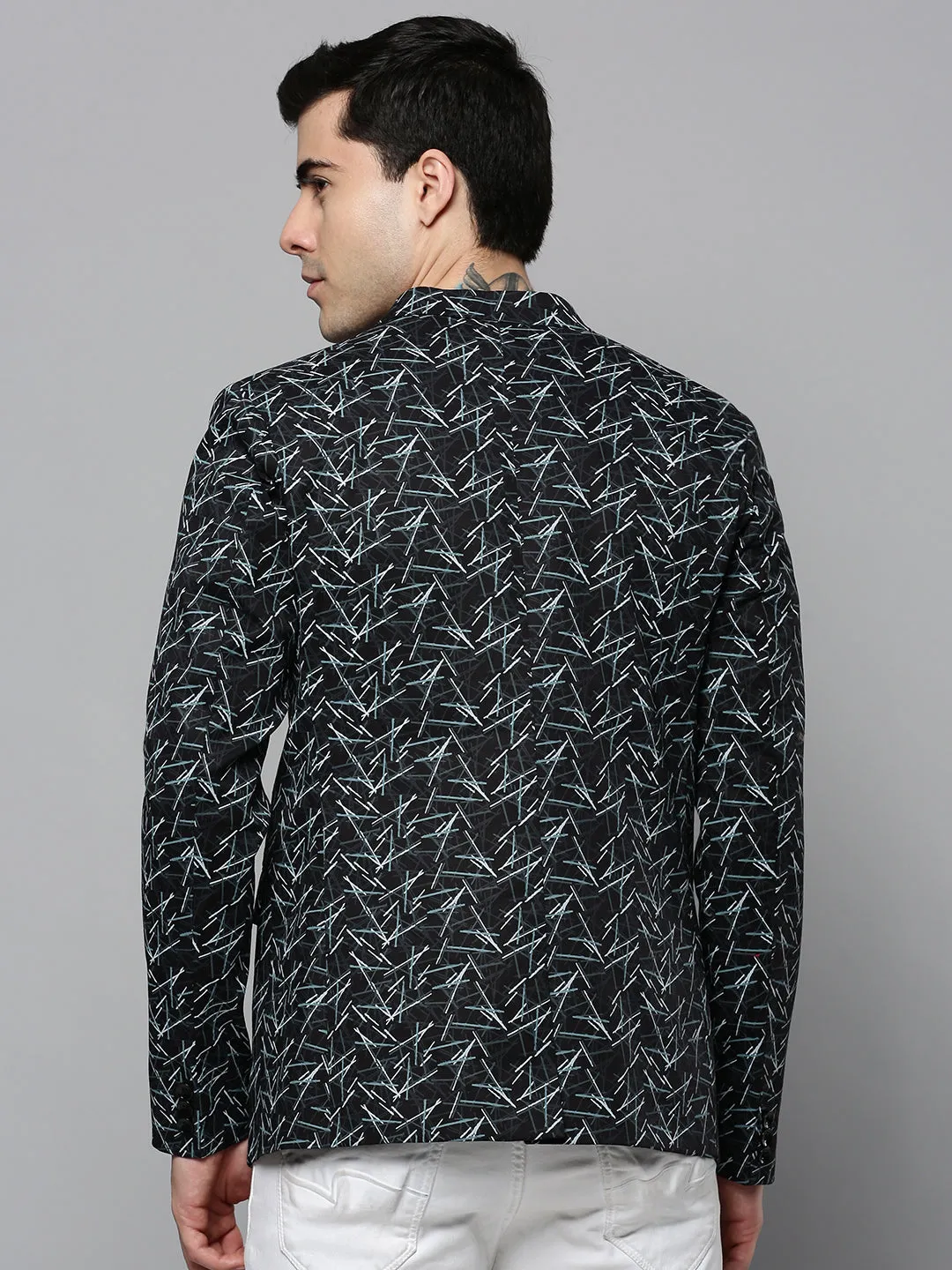 Men Black Printed Single-Breasted Slim-Fit Blazer
