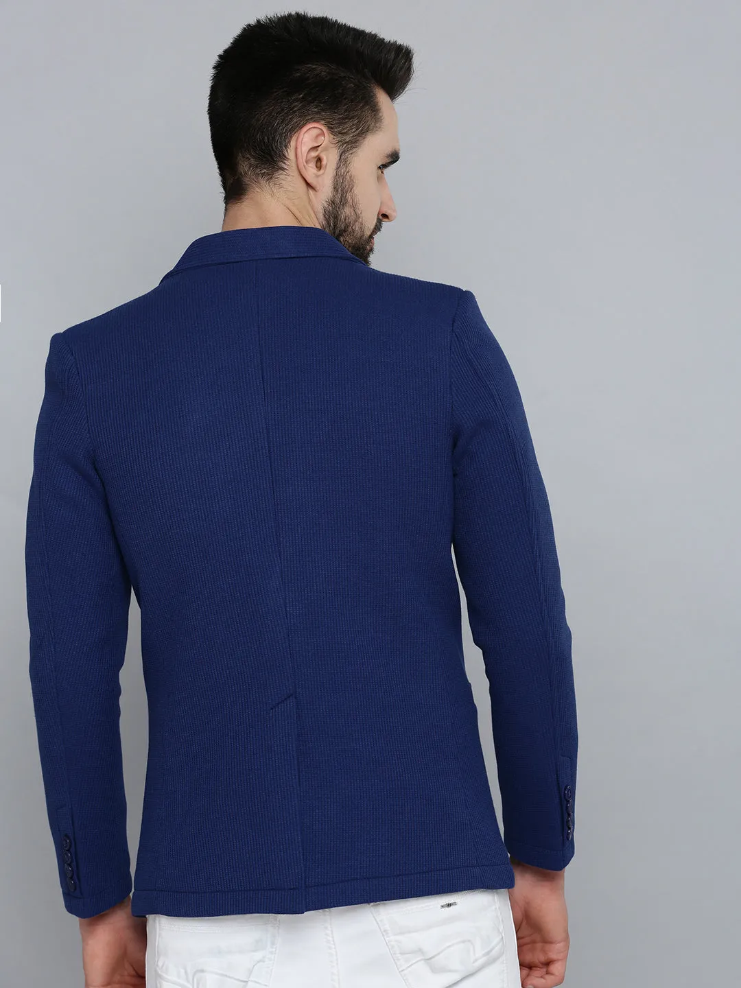 Men Blue Self Design Single-Breasted Slim-Fit Blazer