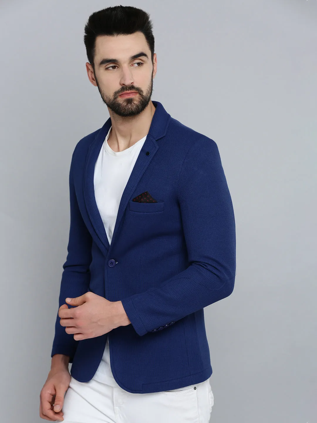 Men Blue Self Design Single-Breasted Slim-Fit Blazer