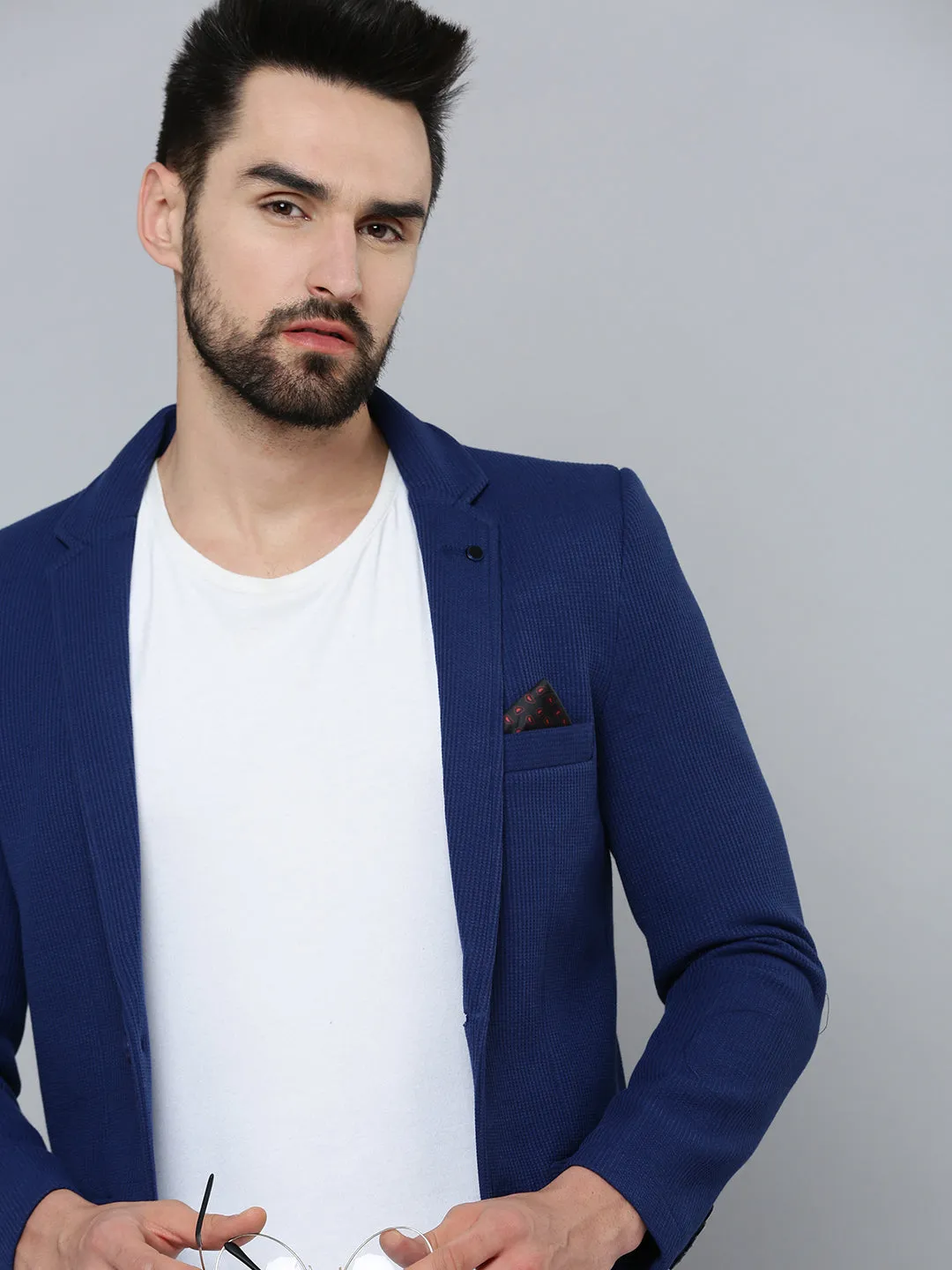 Men Blue Self Design Single-Breasted Slim-Fit Blazer