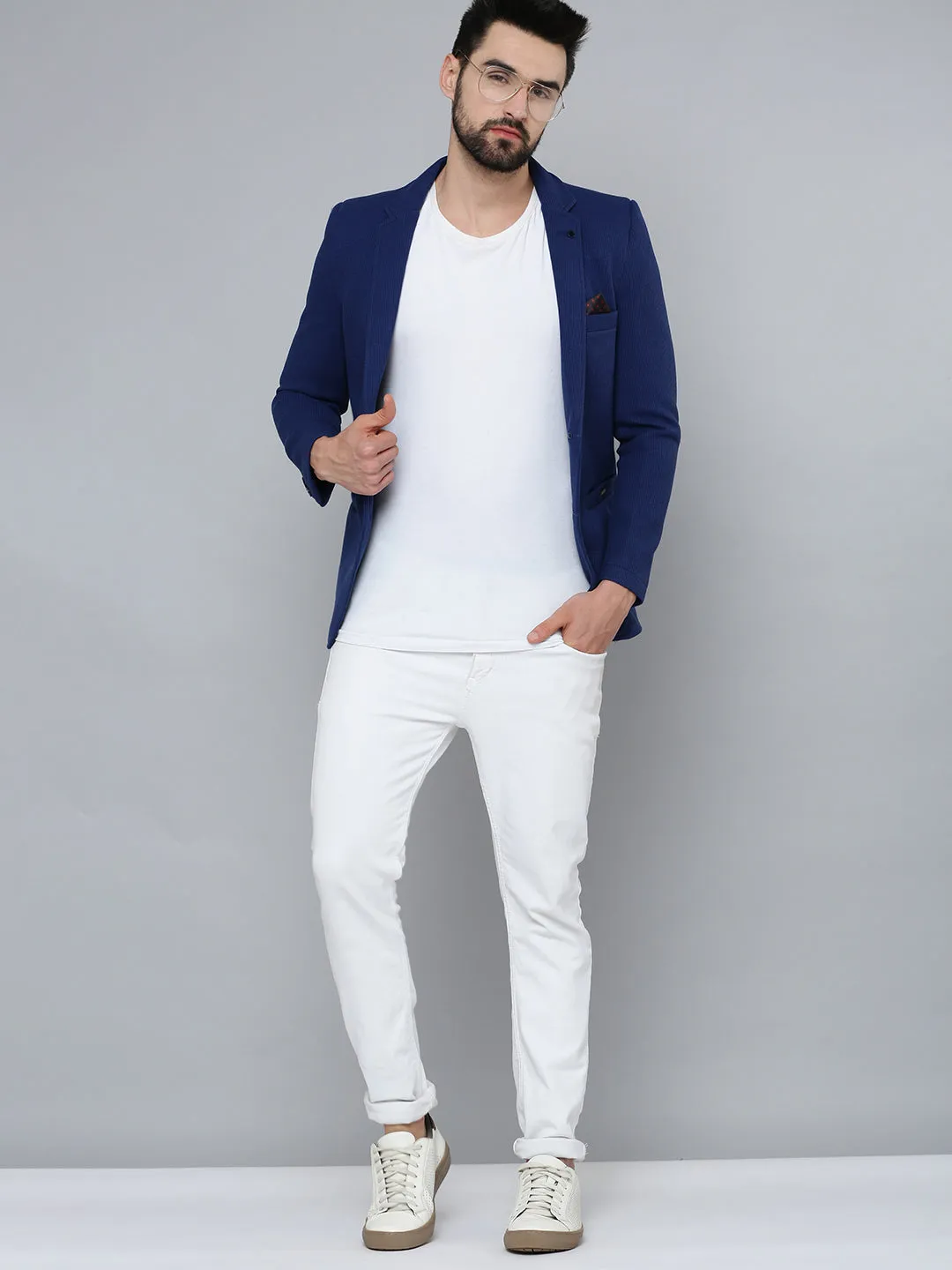 Men Blue Self Design Single-Breasted Slim-Fit Blazer