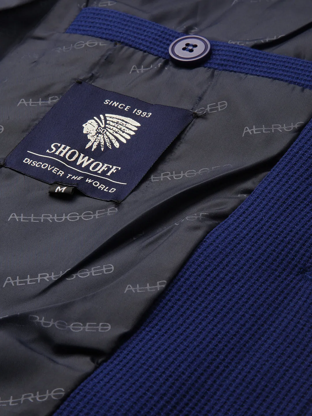 Men Blue Self Design Single-Breasted Slim-Fit Blazer