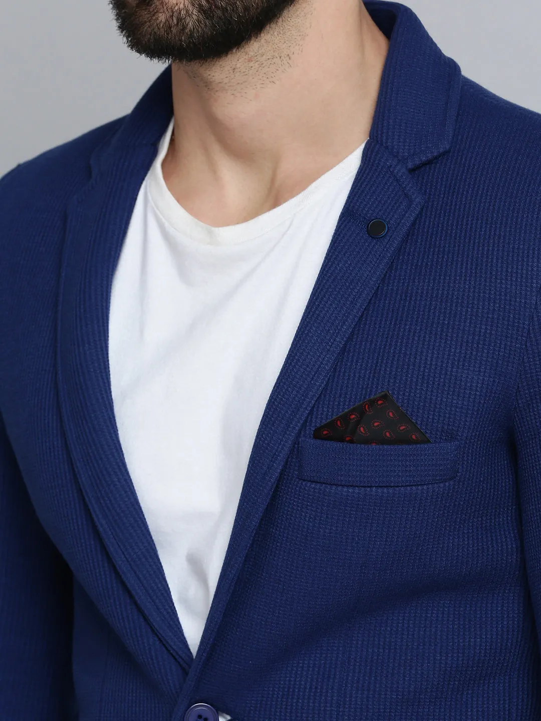 Men Blue Self Design Single-Breasted Slim-Fit Blazer